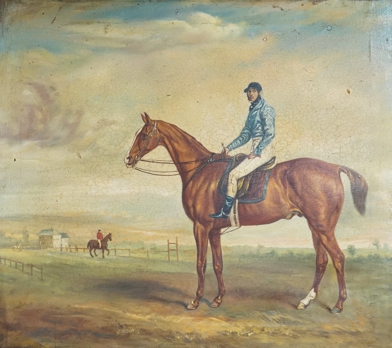 A decorative varnished oleograph, Jockey on horseback, horse racing interest, Studio M Canal stamp verso, 45 x 51cm, gilt framed